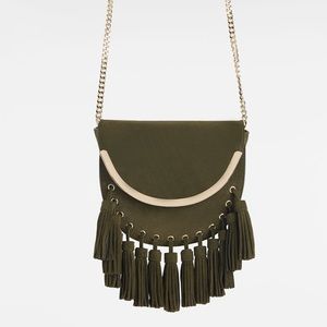 ZARA GENUINE LEATHER GREEN BAG WITH FRINGE